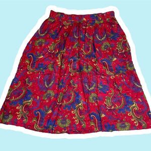 Vintage Skirt Pleated Red Floral Paisley Funky 80s Bright Art Teacher Aesthetic